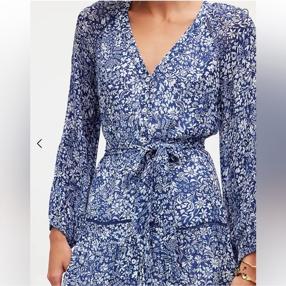 Madewell Tie Waist Long Sleeve Tiered Mini Dress Blue Ditsy Floral Size 00 - Picture 2 of 8